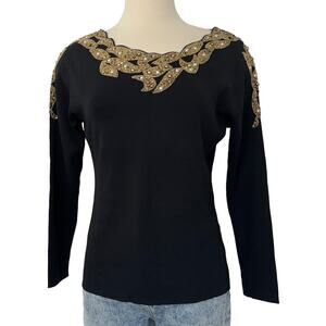 Frank Saul Vintage Embroidered Beaded Black Top Sweater SMALL
